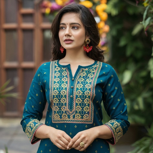 Teal Colour Embroidery Kurti