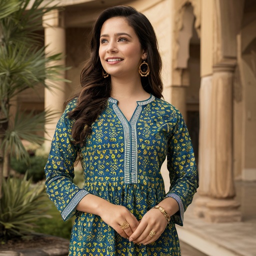 teal blue with yellow printed Kurti